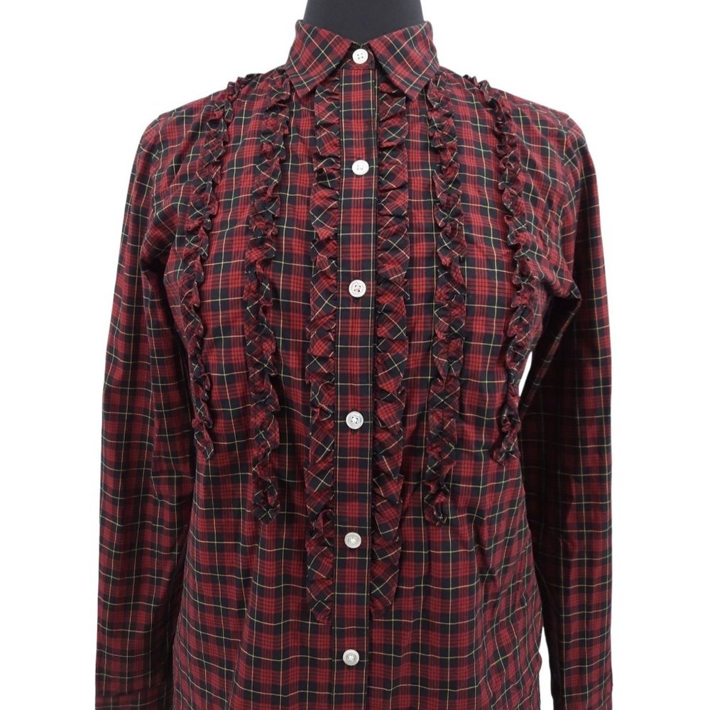 VTG 90s Lauren Ralph Lauren Red Plaid Ruffled Button Up Long Sleeve Top S Petite - Picture 3 of 9